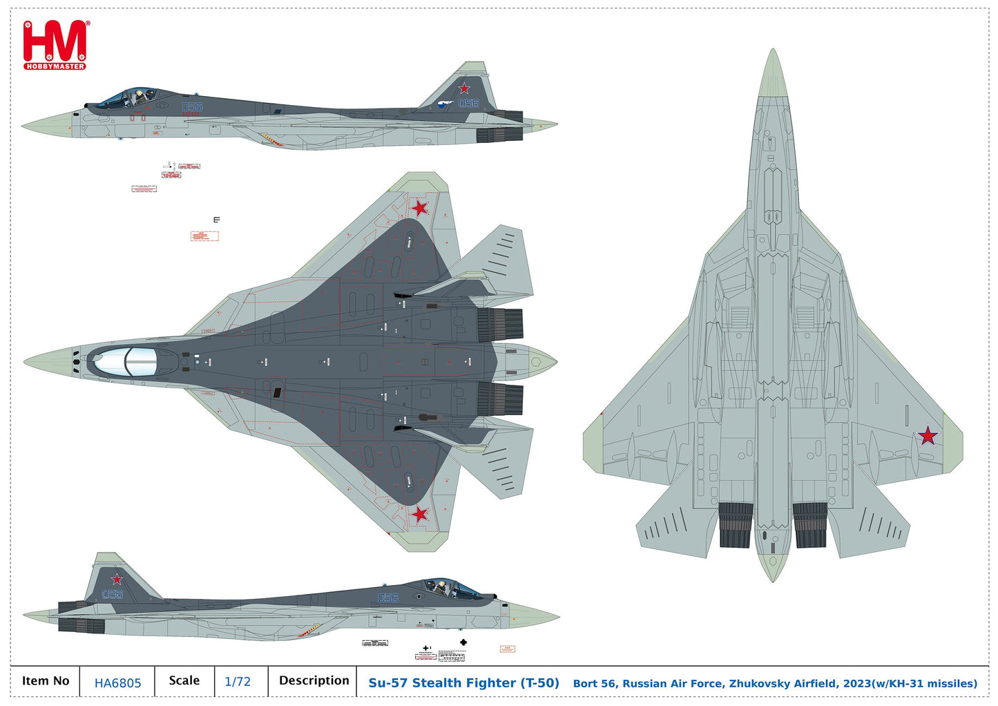 1/72 Su-57 Stealth Fighter T-50 Bort 56 Russian Air Force Zhukovsky Airfield 2023 w/KH-31 missiles