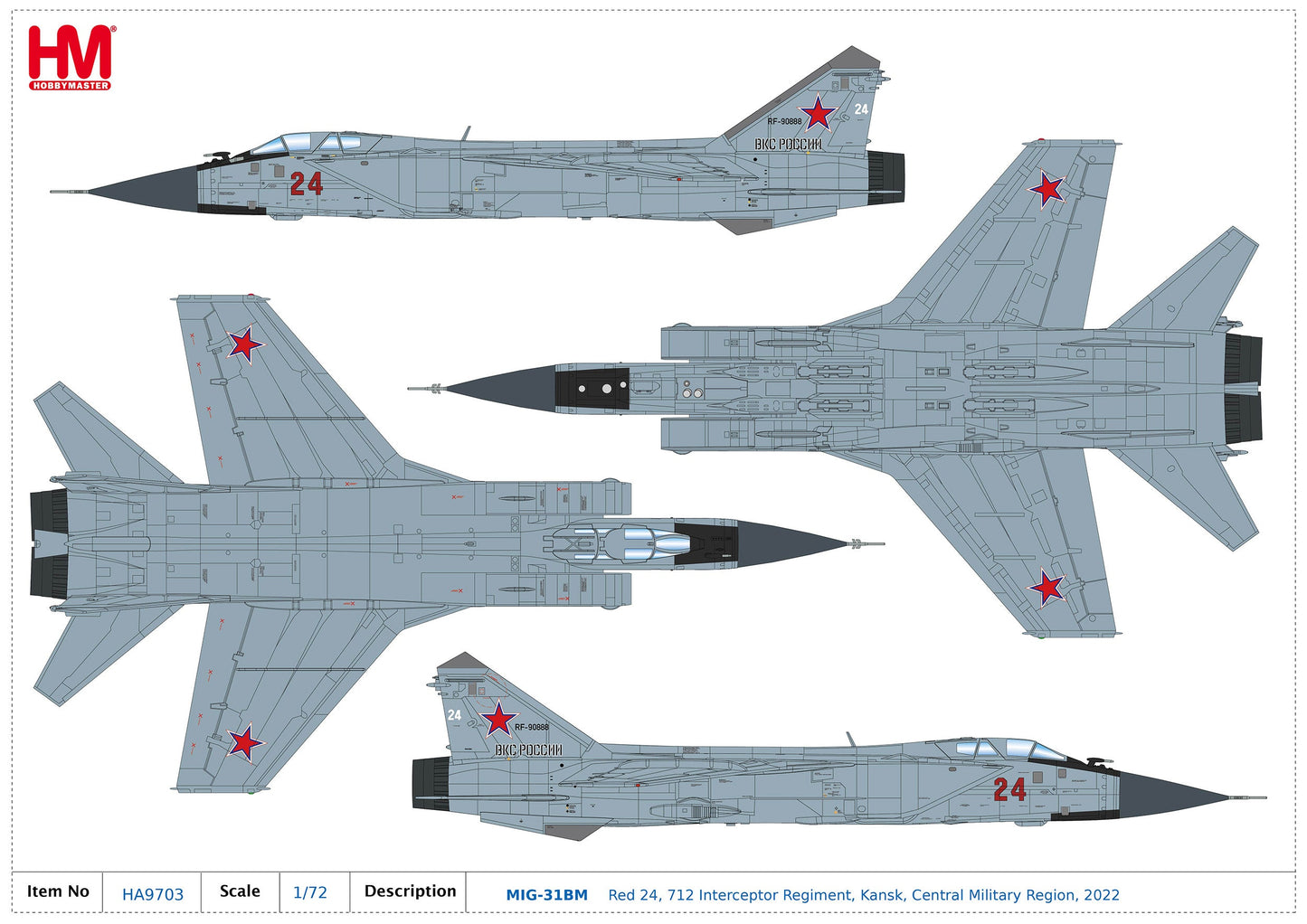 1/72 MIG-31BM Red 24 712 Interceptor Regiment Kansk Central Military Region 2022 R-77 R-37 Missiles