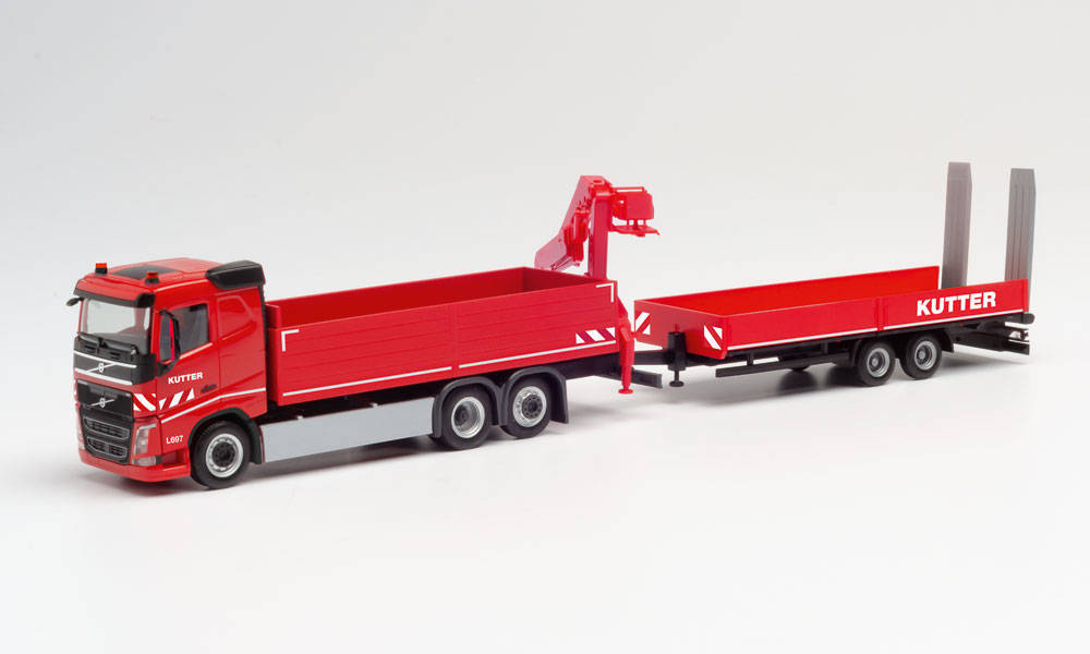 1/87 Volvo FH FD Flatbed Truck with Loading Crane and Low-Bed Trailer  - Kutter -