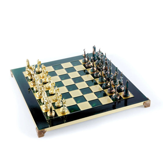 Greek Mythology Metal Chess set with Green and Gold Chessmen and 36cm Chessboard in Brown Meander