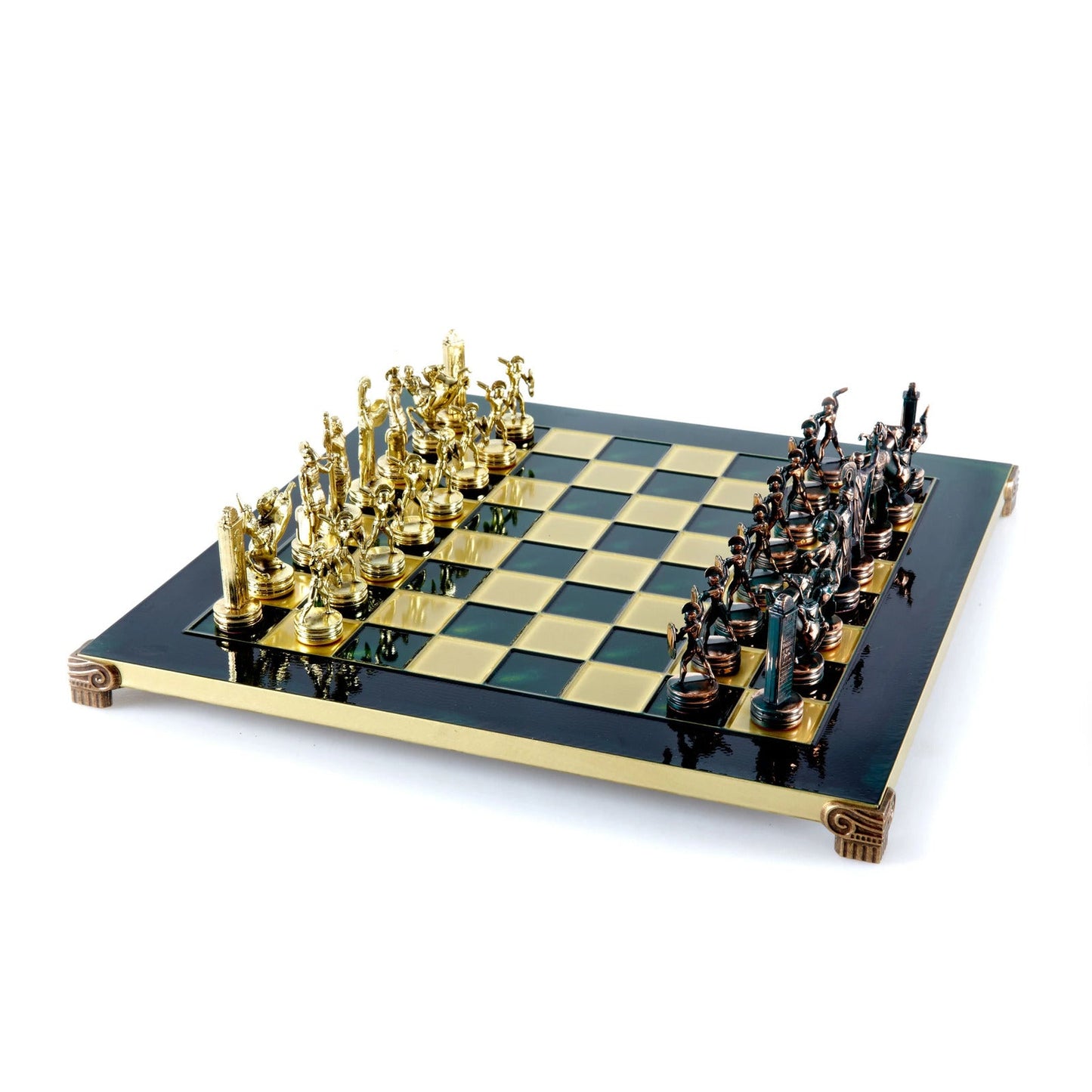 Greek Mythology Metal Chess set with Green and Gold Chessmen and 36cm Chessboard in Brown Meander