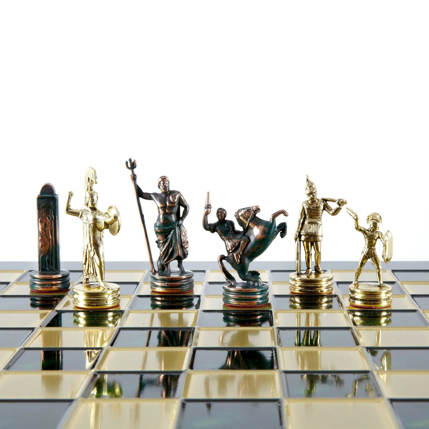 Greek Mythology Metal Chess set with Green and Gold Chessmen and 36cm Chessboard in Brown Meander