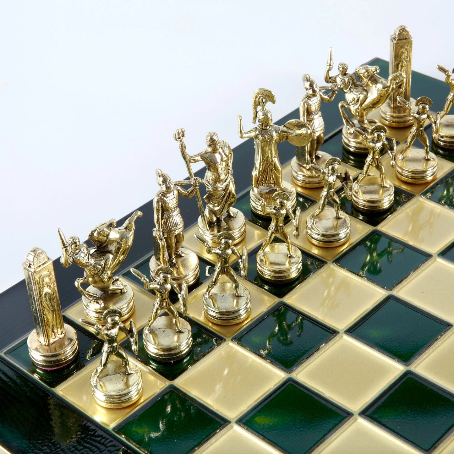 Greek Mythology Metal Chess set with Green and Gold Chessmen and 36cm Chessboard in Brown Meander