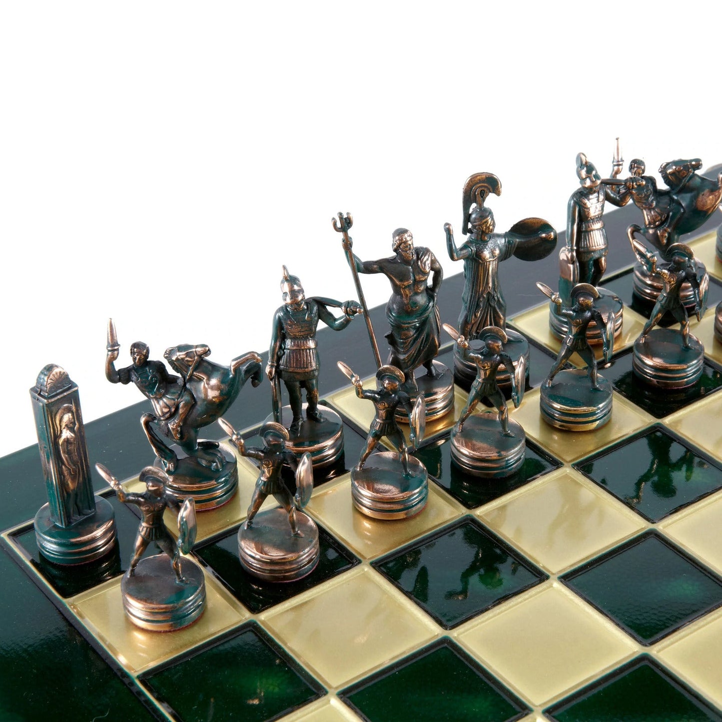 Greek Mythology Metal Chess set with Green and Gold Chessmen and 36cm Chessboard in Brown Meander