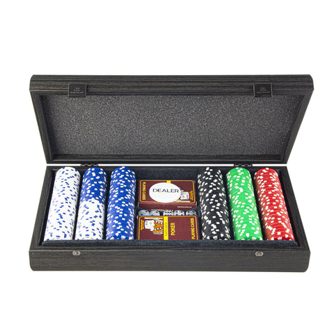 Poker set (300pcs of 1150gr & 2 playing cards) in Black wooden replica case