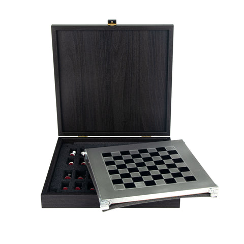 Classic Metal Staunton chess set black/white chessmen and 28cm Alum. Chessboard black/white squares