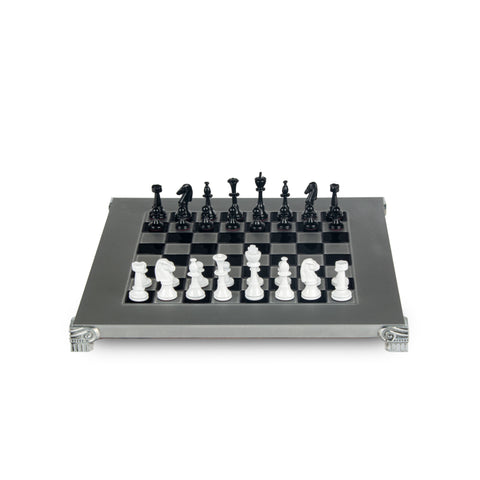 Classic Metal Staunton chess set black/white chessmen and 28cm Alum. Chessboard black/white squares