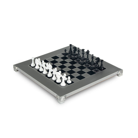 Classic Metal Staunton chess set black/white chessmen and 28cm Alum. Chessboard black/white squares