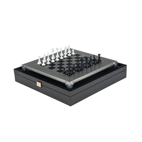 Classic Metal Staunton chess set black/white chessmen and 28cm Alum. Chessboard black/white squares