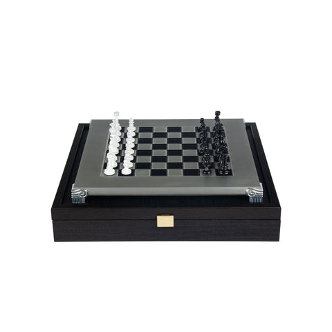 Classic Metal Staunton chess set black/white chessmen and 28cm Alum. Chessboard black/white squares