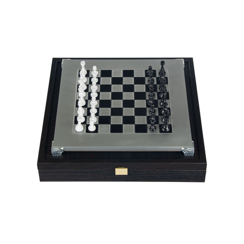 Classic Metal Staunton chess set black/white chessmen and 28cm Alum. Chessboard black/white squares