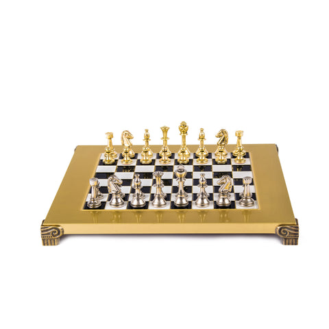 Classic Metal staunton Chess set with Gold and Silver Chessmen and 28cm Chessboard in Black and Whit