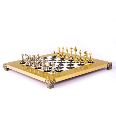 Classic Metal staunton Chess set with Gold and Silver Chessmen and 28cm Chessboard in Black and Whit