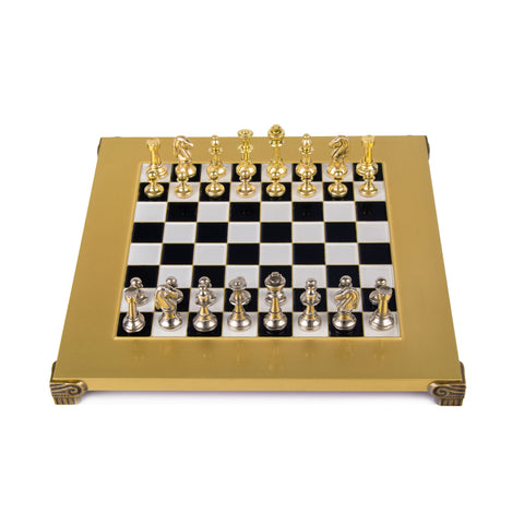 Classic Metal staunton Chess set with Gold and Silver Chessmen and 28cm Chessboard in Black and Whit