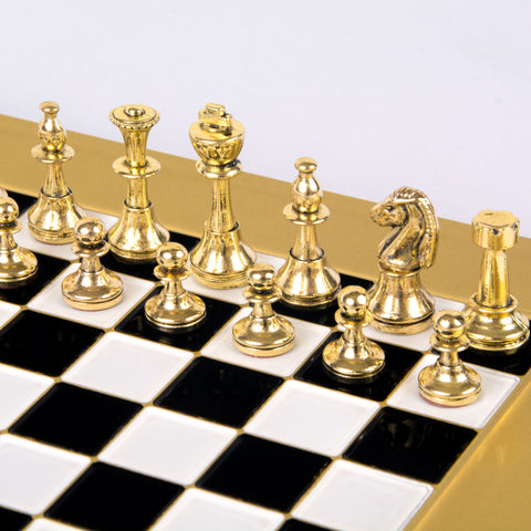 Classic Metal staunton Chess set with Gold and Silver Chessmen and 28cm Chessboard in Black and Whit