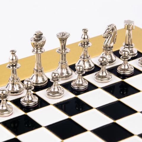 Classic Metal staunton Chess set with Gold and Silver Chessmen and 28cm Chessboard in Black and Whit