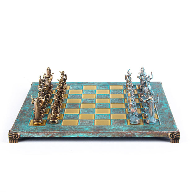 Greek Mythology Metal Chess set with Bronze and Blue Chessmen and 36cm Chessboard in Blue