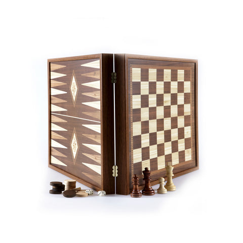 Chess/Backgammon - Classic Style design in Walnut replica wooden case 27x27cm