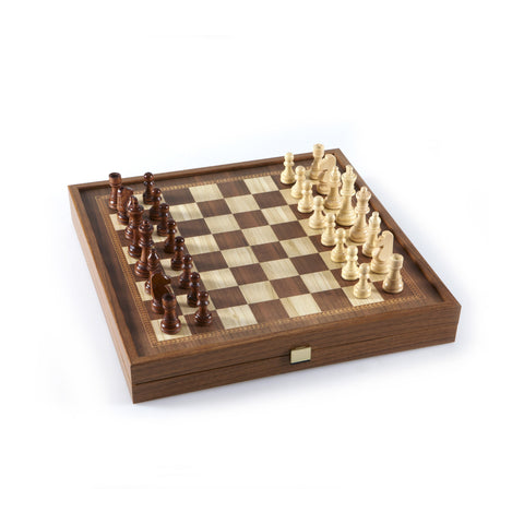 Chess/Backgammon - Classic Style design in Walnut replica wooden case 27x27cm