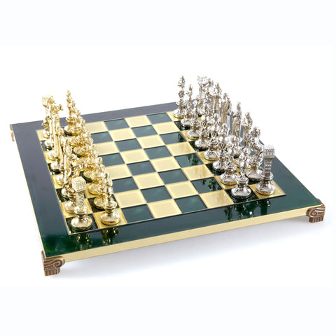 Renaissance Metal Chess set with Gold and Silver Chessmen and 36cm Chessboard in Green