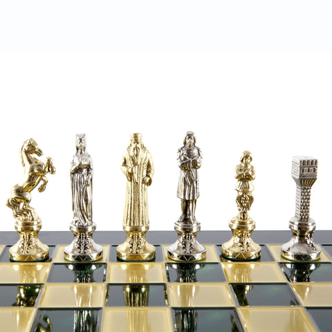 Renaissance Metal Chess set with Gold and Silver Chessmen and 36cm Chessboard in Green