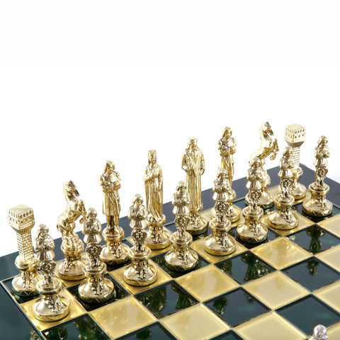 Renaissance Metal Chess set with Gold and Silver Chessmen and 36cm Chessboard in Green