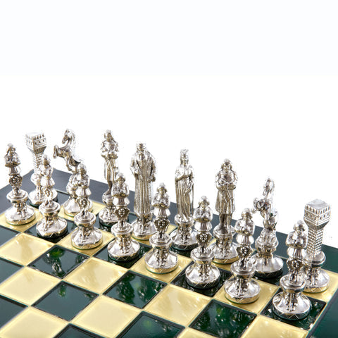 Renaissance Metal Chess set with Gold and Silver Chessmen and 36cm Chessboard in Green